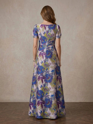 Vedress blue floral jacquard gown back view boat neck center zipper puff sleeve A-line floor length