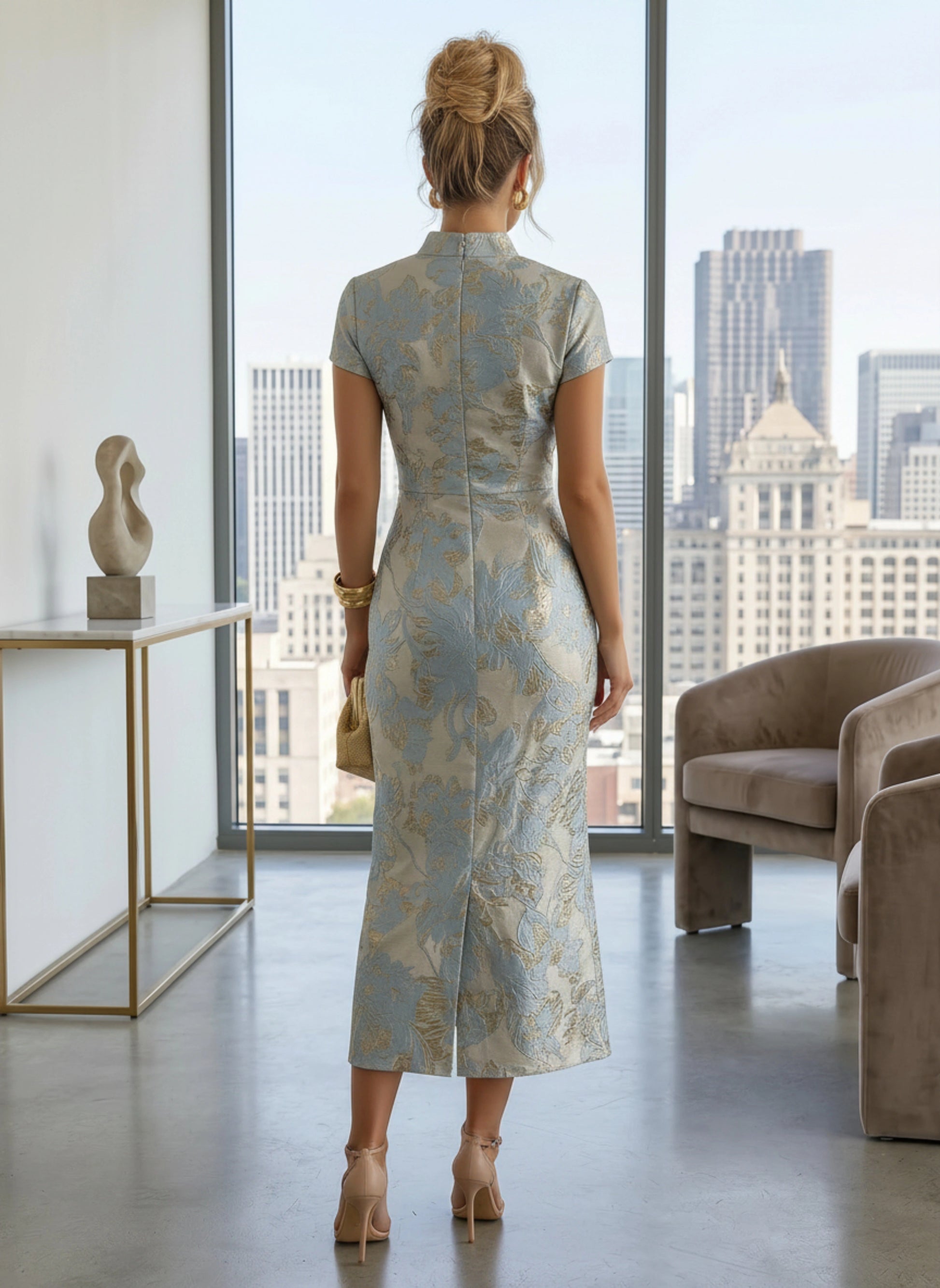 Back view vedress jacquard midi mother gown stand collar zipper back hem slit formal dress