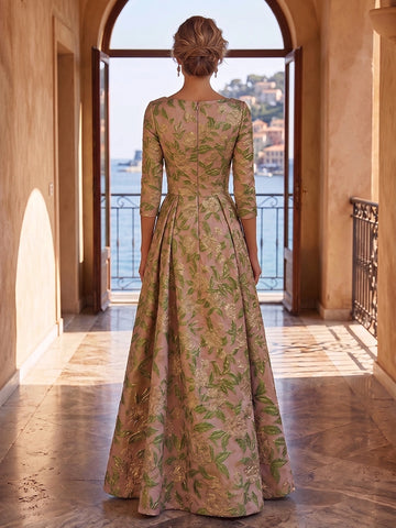 Vedress floral jacquard A-line gown back view round back center zipper 3/4 sleeve floor skirt