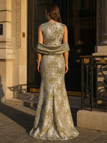 Back view of Vedress olive floral jacquard gown with a covered zip back and flared hem, styled with a matching wrap.
