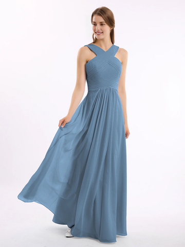 Crisscross Neck Pleated Bodice Flowy Chiffon A-Line Floor-Length Bridesmaid Evening Maxi Dress