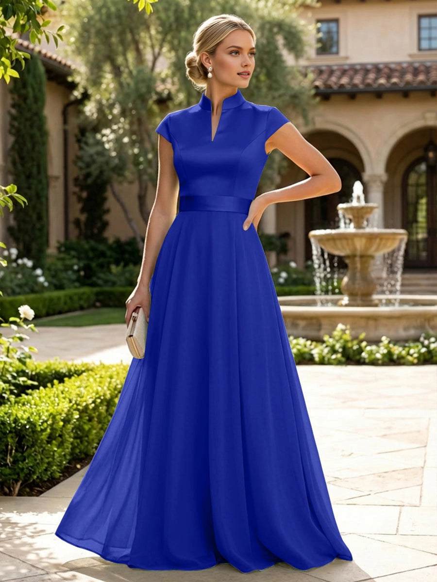 Elegant Sage A‑Line Stand‑Collar Cap‑Sleeve Zip‑Back Floor‑Length Mother Of The Bride Dress