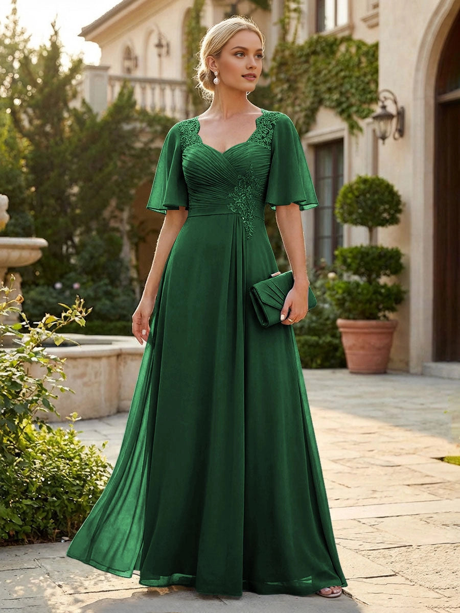 Graceful Dusty Blue A-Line Sweetheart Flutter-Sleeve Sweetheart-Back Floor-Length Mother Of The Bride Dress