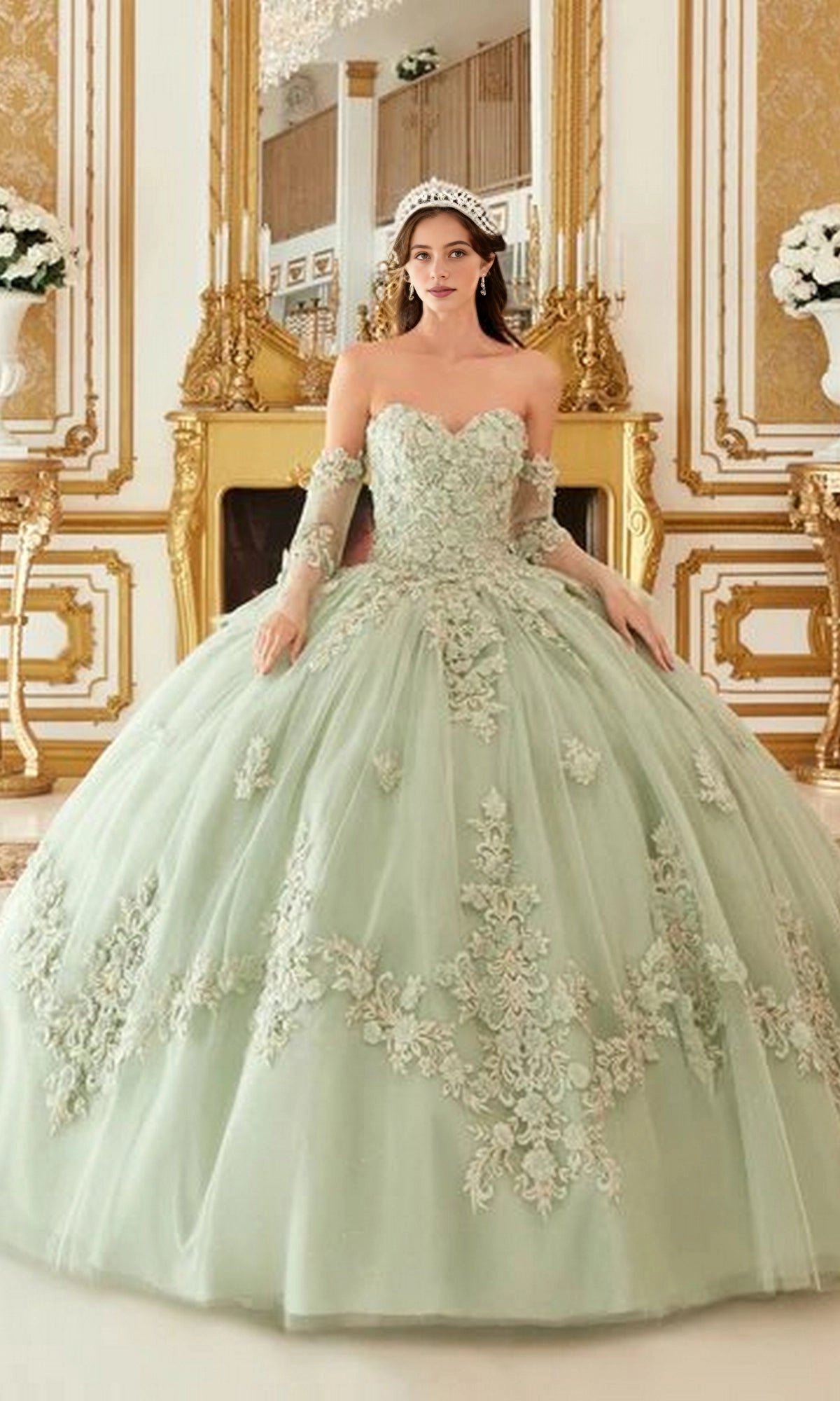 Dreamy Ball Gown Strapless Detachable Long Gloves Lace‑Up Back Floor‑Length Quinceanera Dress