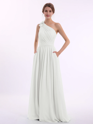 One Shoulder 3D Flower Ruched Chiffon Bridesmaid Maxi Dress with Pockets & Open Back Sash