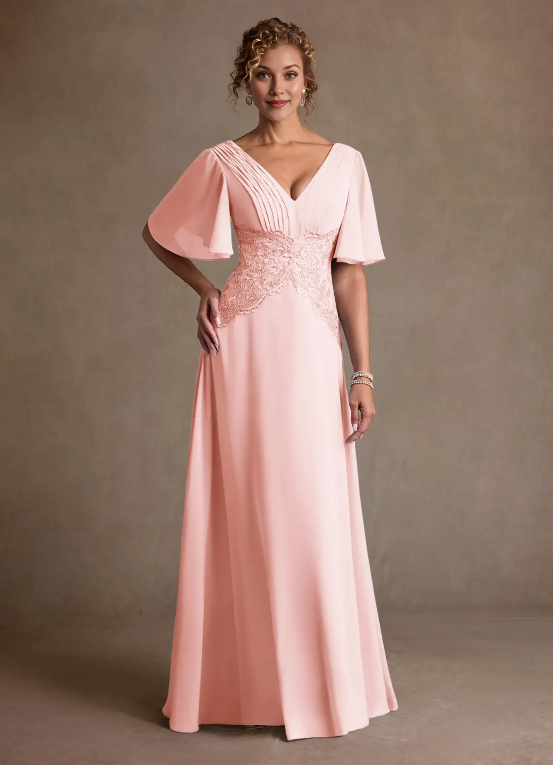 V-Neck Flutter Sleeve Lace Waist Chiffon A-Line Floor-Length Mother of the Bride Dress