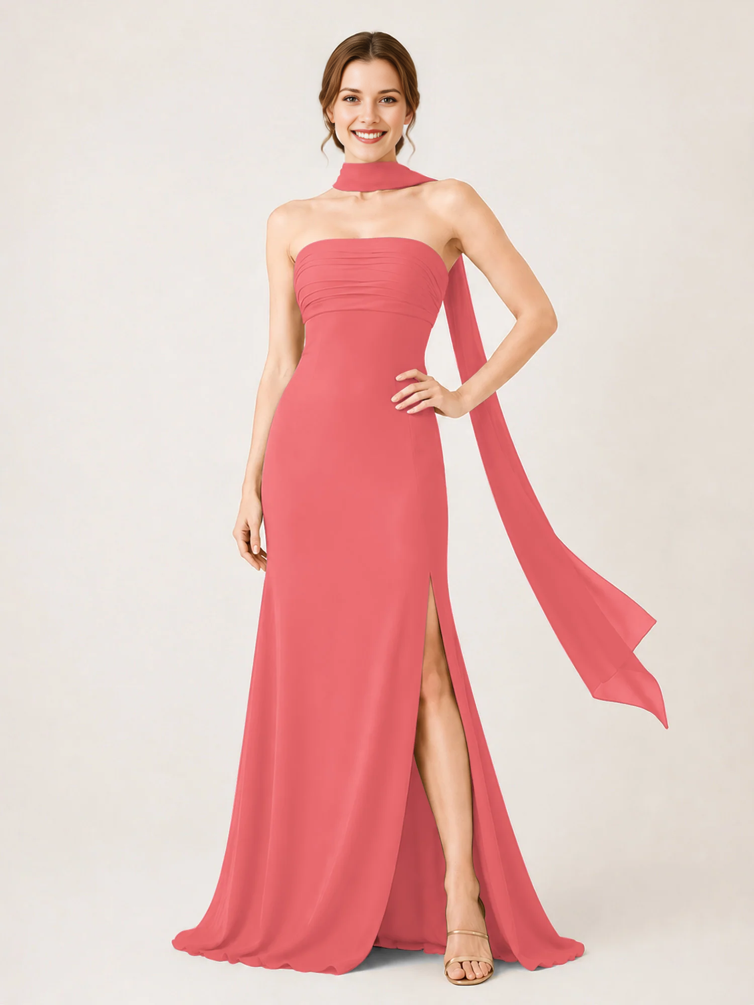 Strapless Ruched Chiffon Mermaid Bridesmaid Dress with Choker Scarf & High Slit