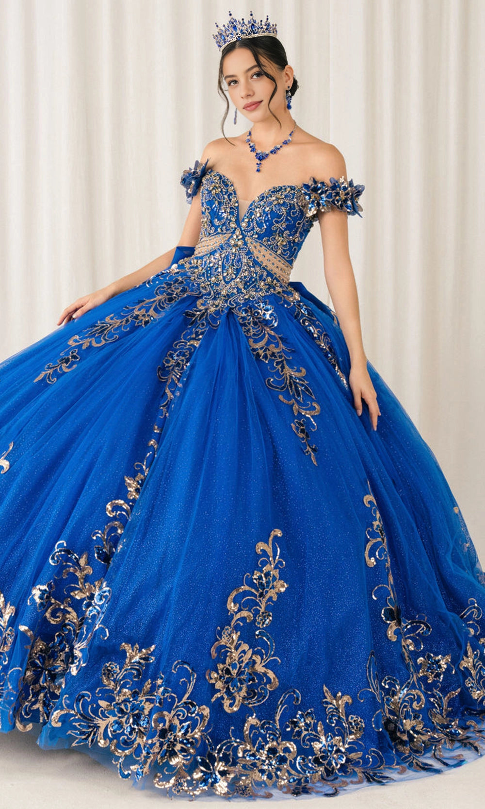 Glam Ball Gown Off‑Shoulder Floral Sleeve Lace‑Up Back Sweep Train Quinceanera Dress