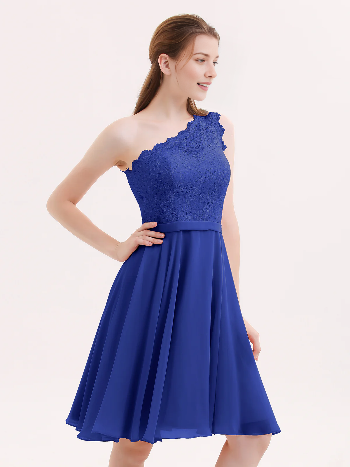 One Shoulder Lace Top A-Line Knee-Length Chiffon Bridesmaid Homecoming Short Dress