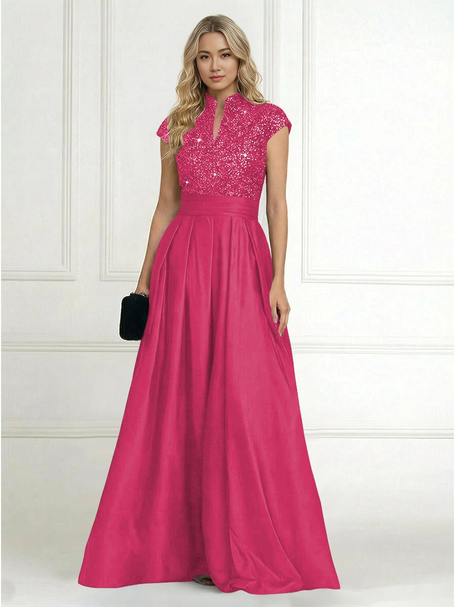Luxury A-Line High-Neck Cap-Sleeve Zip-Back Floor-Length Plus Size Mother of the Bride Dress