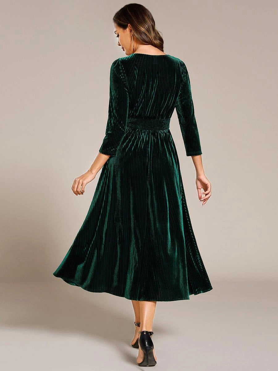 Black A‑Line V‑Neck 3/4‑Sleeve Solid‑Back Midi Mother Of The Bride Dress