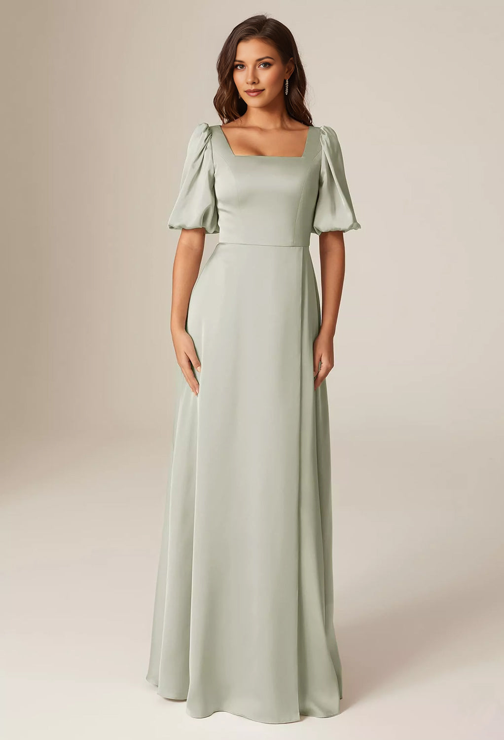 Square Neck Puff Sleeve Satin A-Line Bridesmaid Maxi Dress with Side Slit