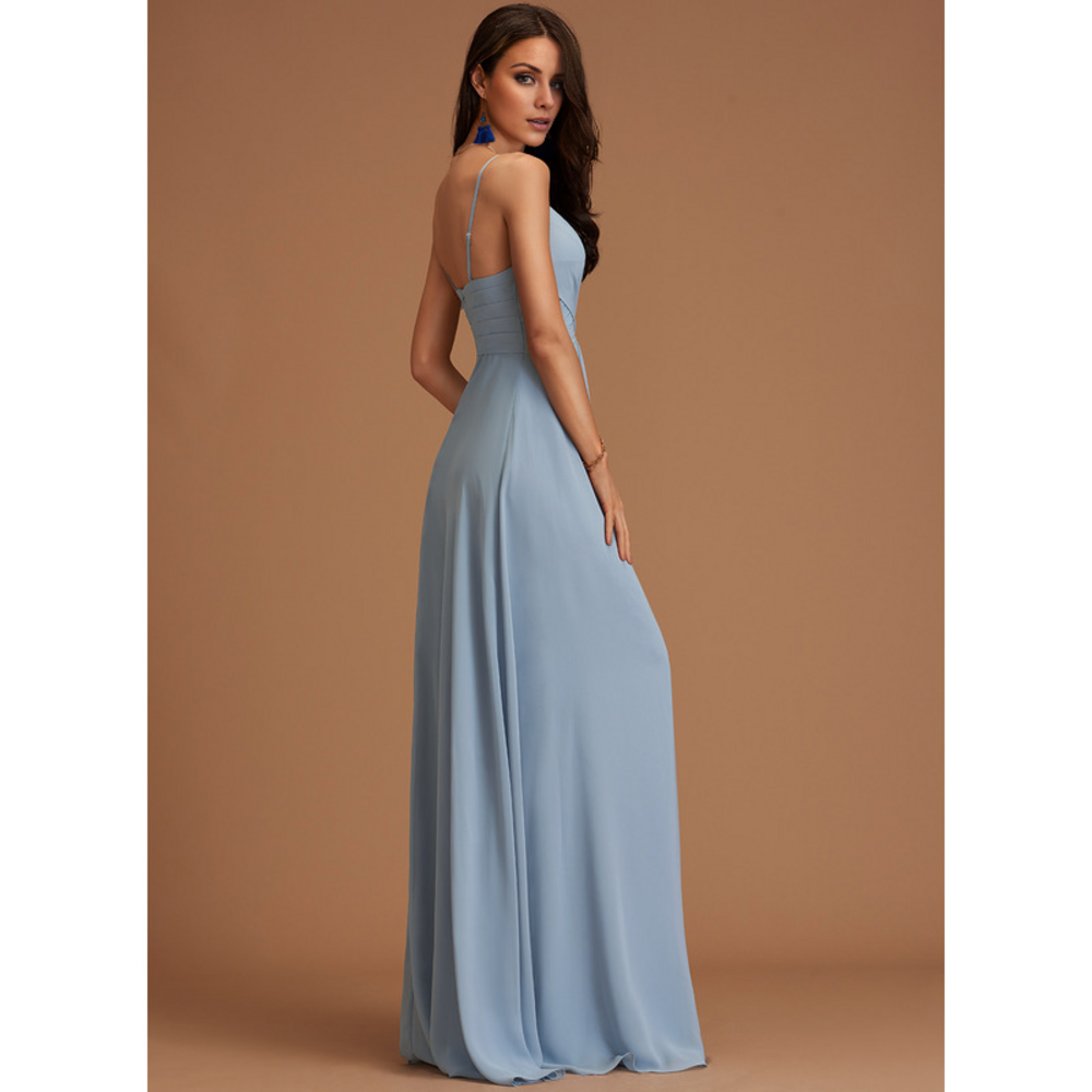 Spaghetti Strap V-Neck Chiffon Bridesmaid Dress - A-Line Floor-Length Formal Gown for Wedding Guest
