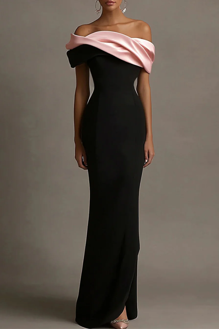Elegant Off-the-Shoulder Black Mermaid Formal Dress with Pink Satin Neckline Maxi Dress for Gala & Black Tie Events
