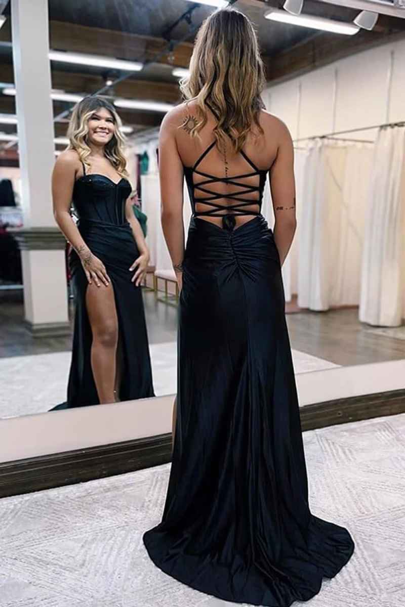Sweetheart Corset Satin Prom Dress - Lace-Up Backless High Slit Formal Evening Gown with Spaghetti Straps