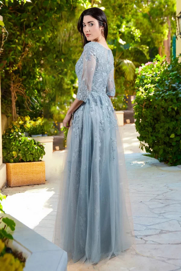 Dusty Blue Half-Sleeve Lace & Sequin Evening Gown - Elegant Formal Maxi Dress