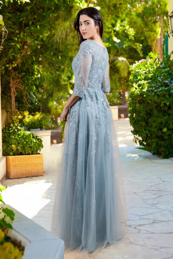 Dusty Blue Half-Sleeve Lace & Sequin Evening Gown - Elegant Formal Maxi Dress