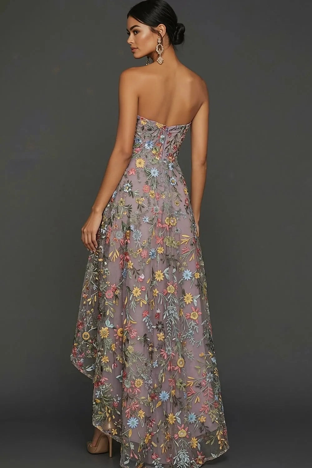 Romantic A Line Sweetheart Strapless Floral Embroidered High Low Wedding Guest Dress