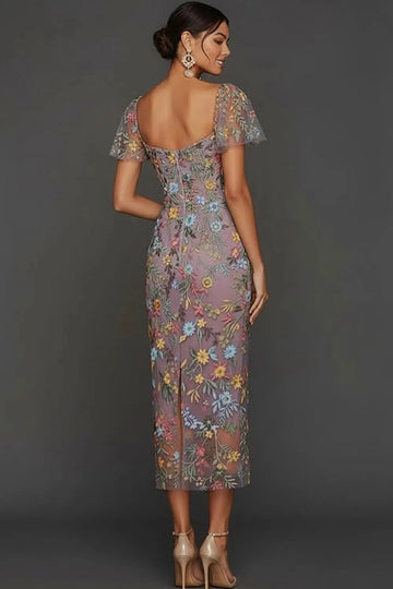 Elegant Floral Embroidered Sheath Sweetheart Flutter Sleeve Midi Wedding Guest Dress