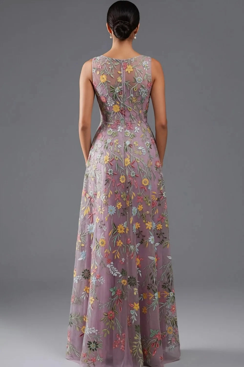 Elegant A Line V Neck Sleeveless Floral Embroidered Slit Floor Length Wedding Guest Dress