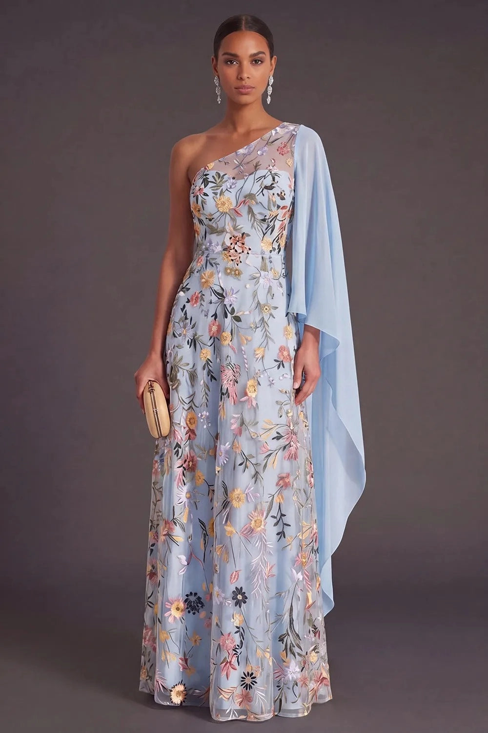 Elegant A Line One Shoulder Cape Sleeve Floral Embroidered Floor Length Wedding Guest Dress