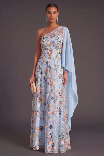 Elegant A Line One Shoulder Cape Sleeve Floral Embroidered Floor Length Wedding Guest Dress