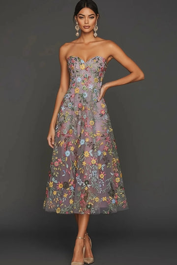 Romantic Floral Embroidered A-Line Sweetheart Strapless Backless Midi Wedding Guest Dress