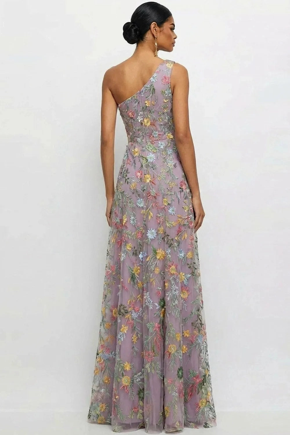 Chic A Line One Shoulder Floral Embroidered Slit Floor Length Wedding Guest Dress