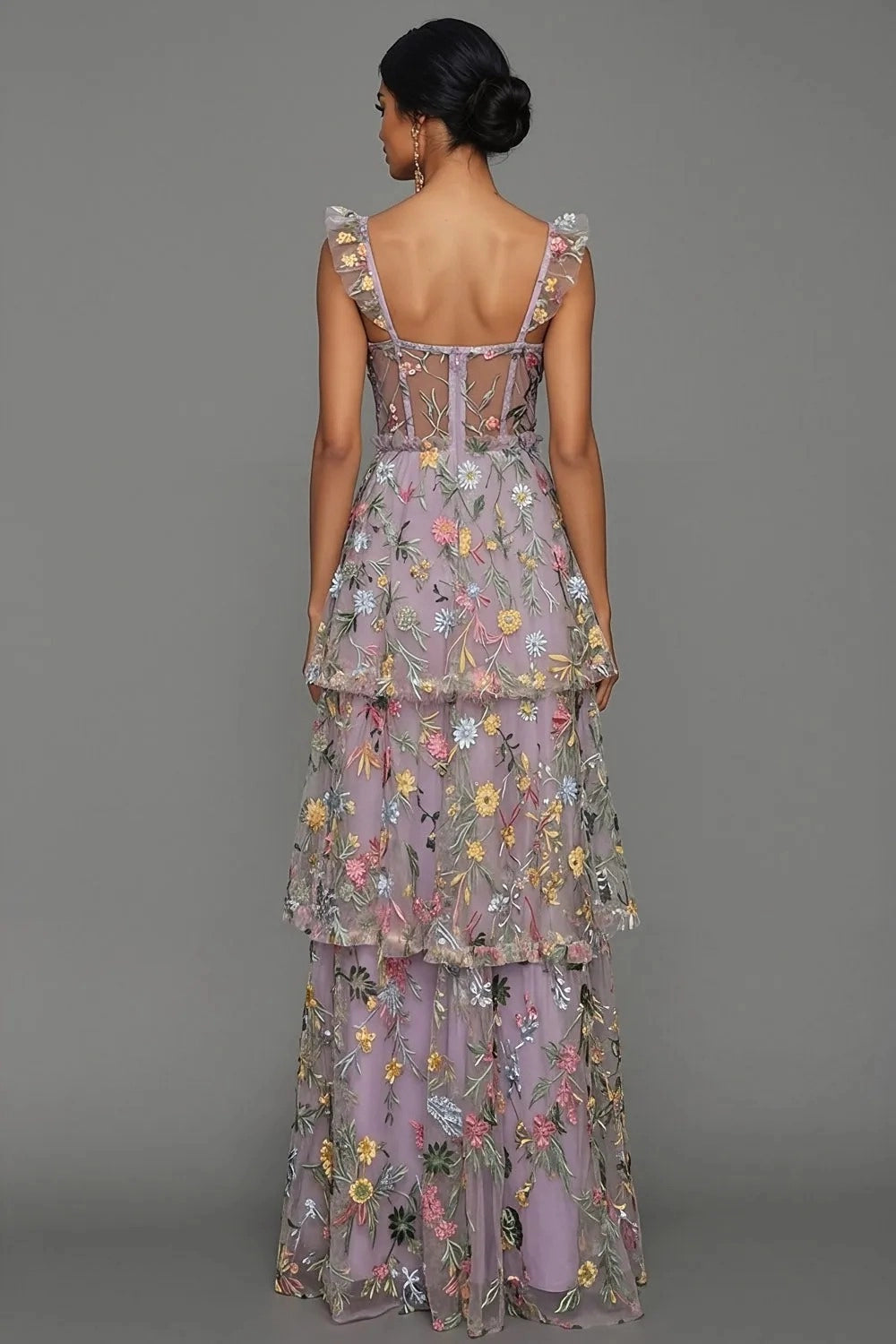 Romantic A Line Sweetheart Ruffle Strap Floral Embroidered Tiered Wedding Guest Dress