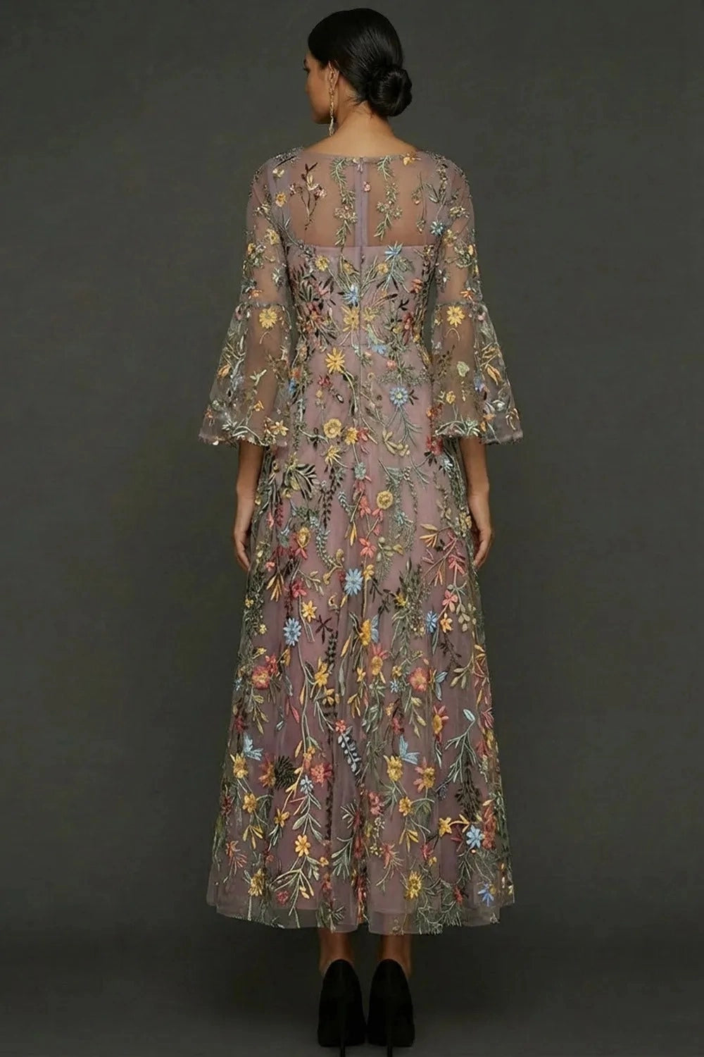 Elegant Floral Embroidered A-Line Square Neck Flutter Sleeve Ankle Length Wedding Guest Dress