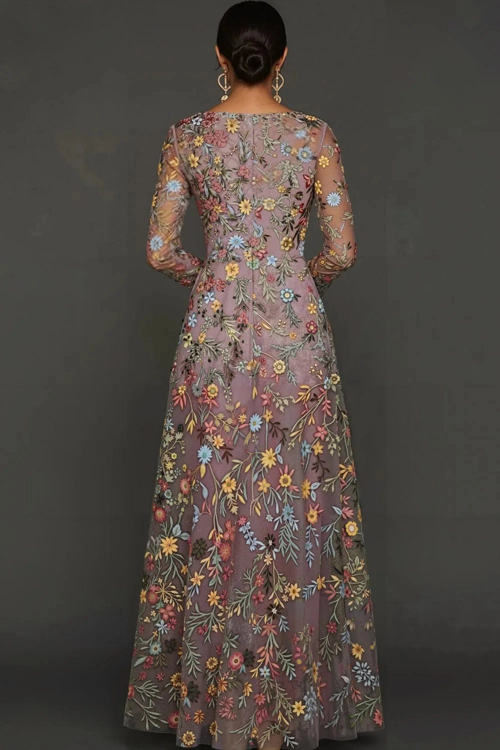 Elegant A Line V Neck Long Sleeve Floral Embroidered Floor Length Wedding Guest Dress