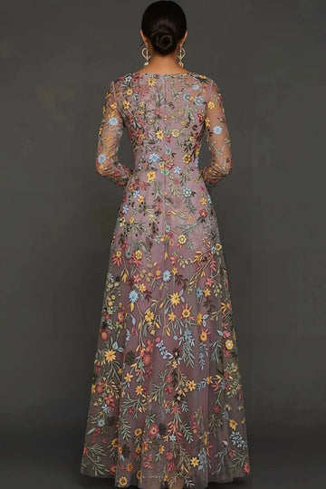Elegant A Line V Neck Long Sleeve Floral Embroidered Floor Length Wedding Guest Dress