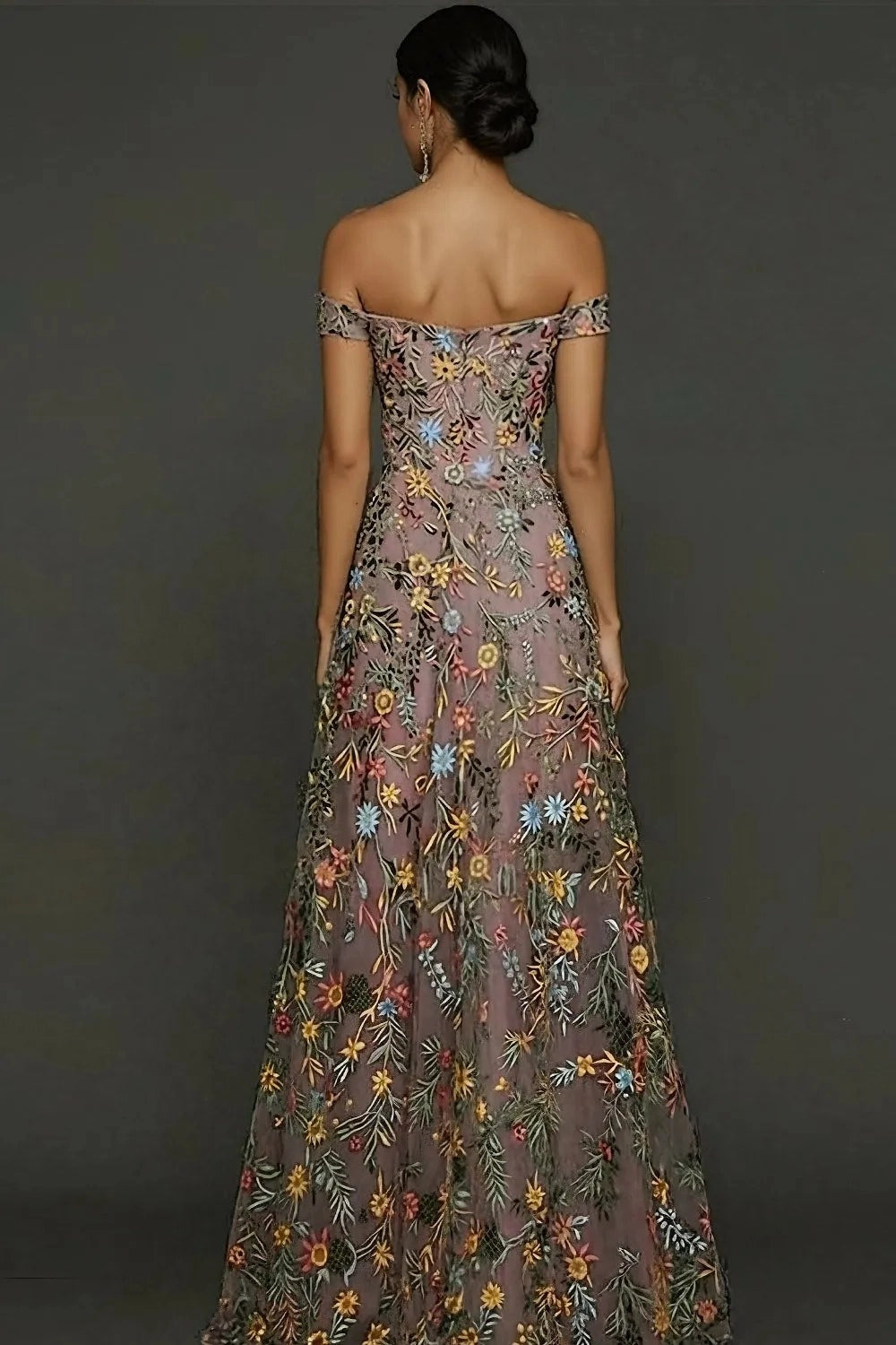 Romantic A Line Sweetheart Off Shoulder Floral Embroidered Floor Length Wedding Guest Dress
