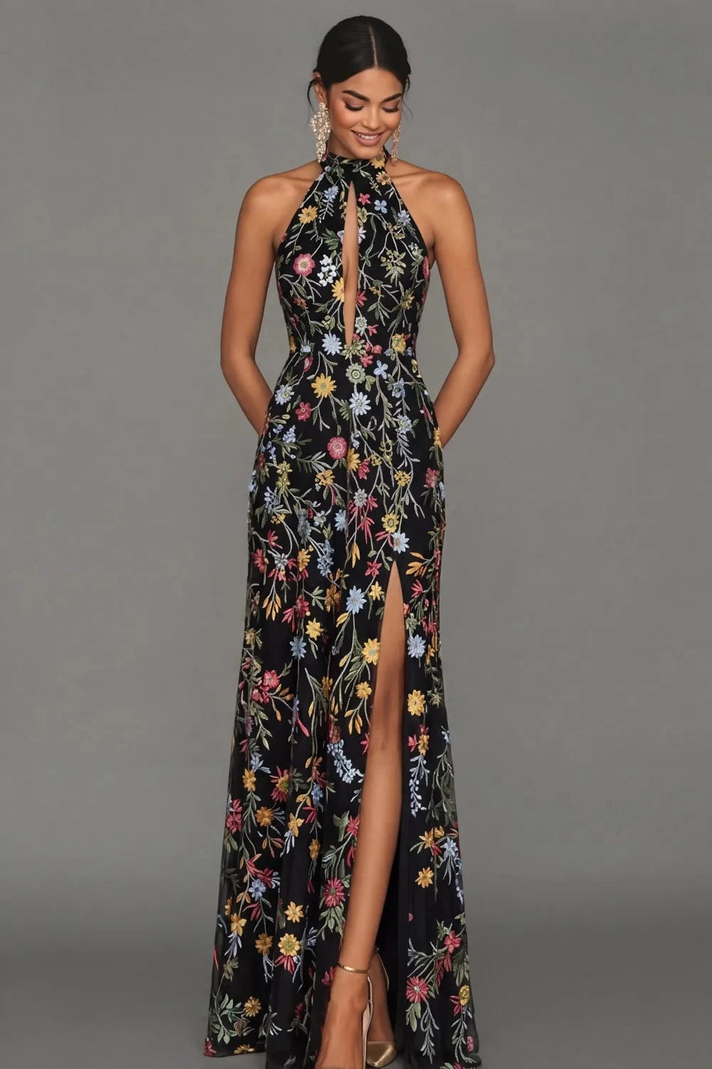 Romantic Floral Embroidered A-Line Halter Sleeveless Backless Long Wedding Guest Dress