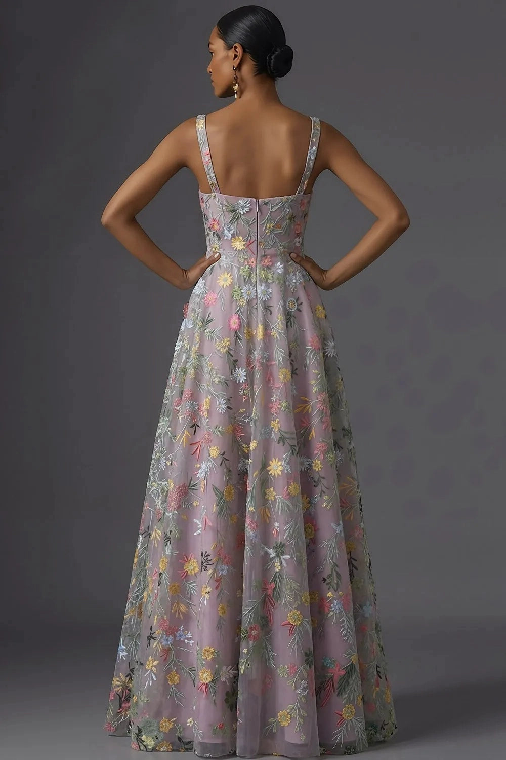 Romantic Floral Embroidered A-Line Square Neck Sleeveless Low Back Wedding Guest Dress