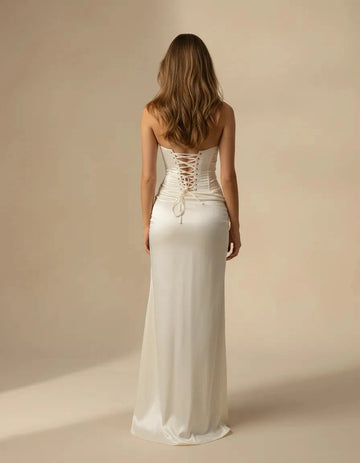 Ivory satin wedding dress with adjustable corset lace-up back