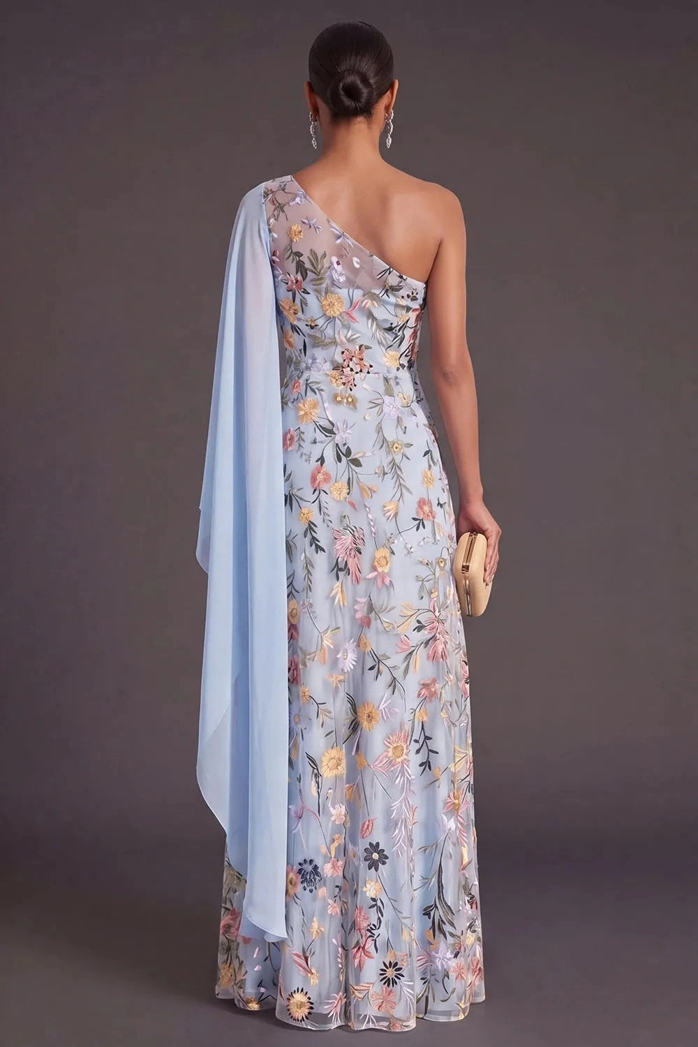 Elegant A Line One Shoulder Cape Sleeve Floral Embroidered Floor Length Wedding Guest Dress