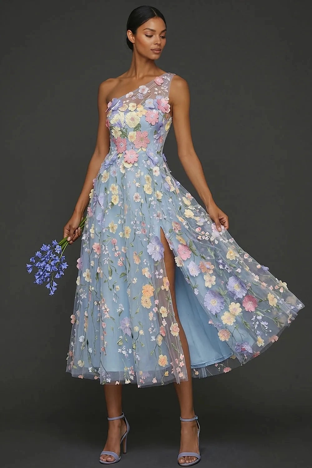 Romantic A Line One Shoulder 3D Floral Sleeveless Midi Wedding Guest Dress