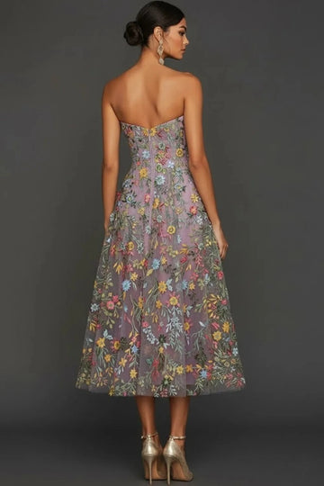 Romantic Floral Embroidered A-Line Sweetheart Strapless Backless Midi Wedding Guest Dress