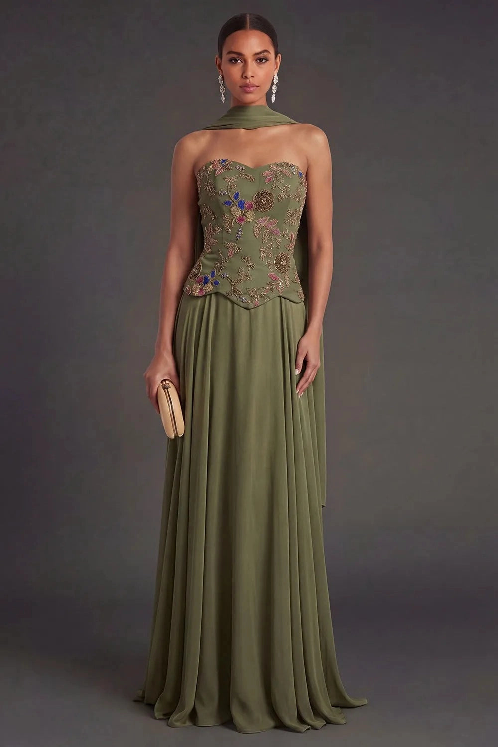 Elegant A Line Strapless Floral Corset Chiffon Floor Length Wedding Guest Dress