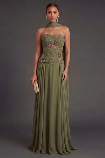 Elegant A Line Strapless Floral Corset Chiffon Floor Length Wedding Guest Dress