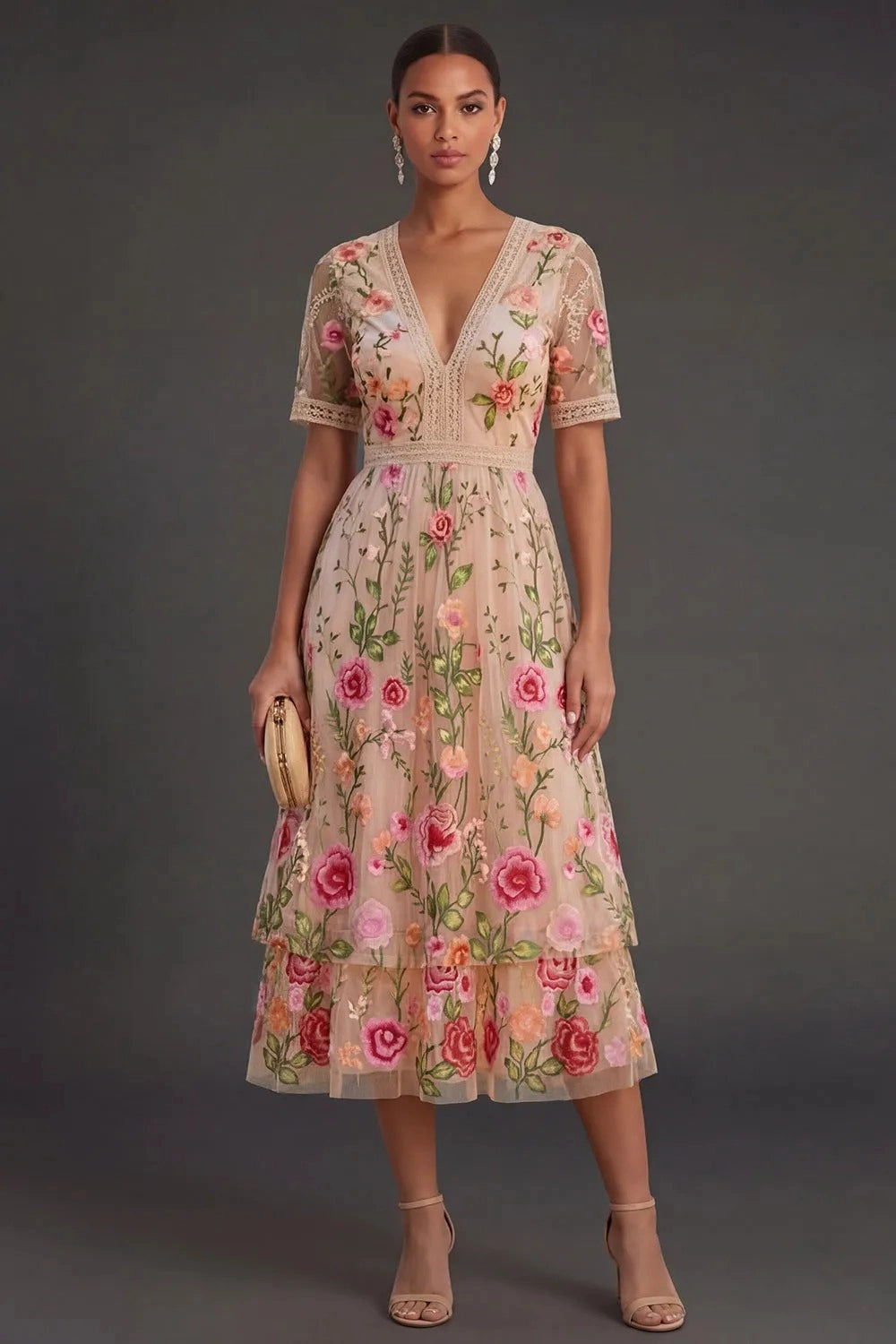 Romantic A‑Line V‑Neck Short‑Sleeve Zipper‑Back Midi Wedding Guest Dress