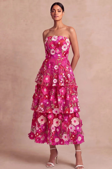 Romantic A Line Strapless 3D Floral Tiered Maxi Wedding Guest Dress