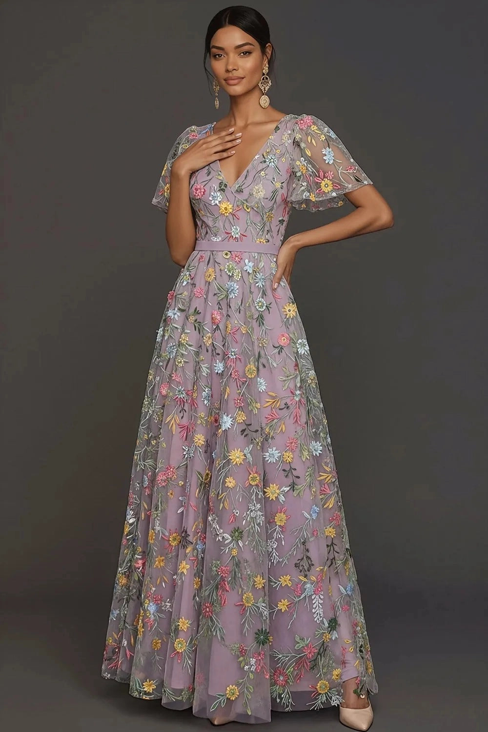 Romantic Floral Embroidered A-Line V-Neck Flutter Sleeve Long Wedding Guest Dress