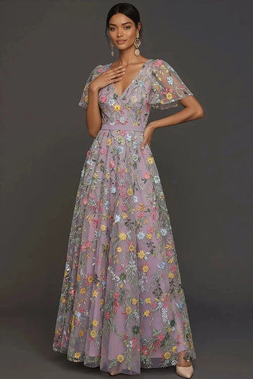 Romantic Floral Embroidered A-Line V-Neck Flutter Sleeve Long Wedding Guest Dress