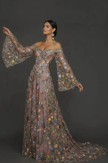 Romantic A Line Sweetheart Off Shoulder Floral Embroidered Bell Sleeve Wedding Guest Dress