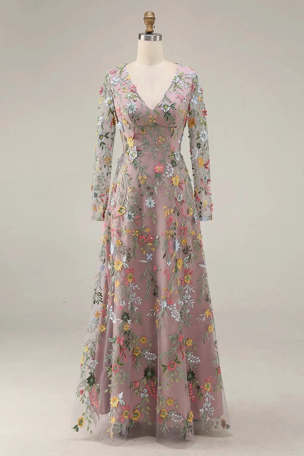 Elegant A Line V Neck Long Sleeve Floral Embroidered Floor Length Wedding Guest Dress