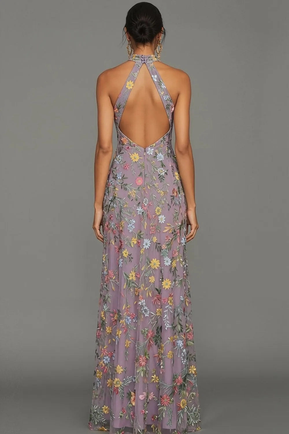 Romantic Floral Embroidered A-Line Halter Sleeveless Backless Long Wedding Guest Dress