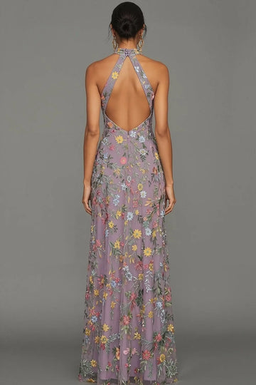 Romantic Floral Embroidered A-Line Halter Sleeveless Backless Long Wedding Guest Dress