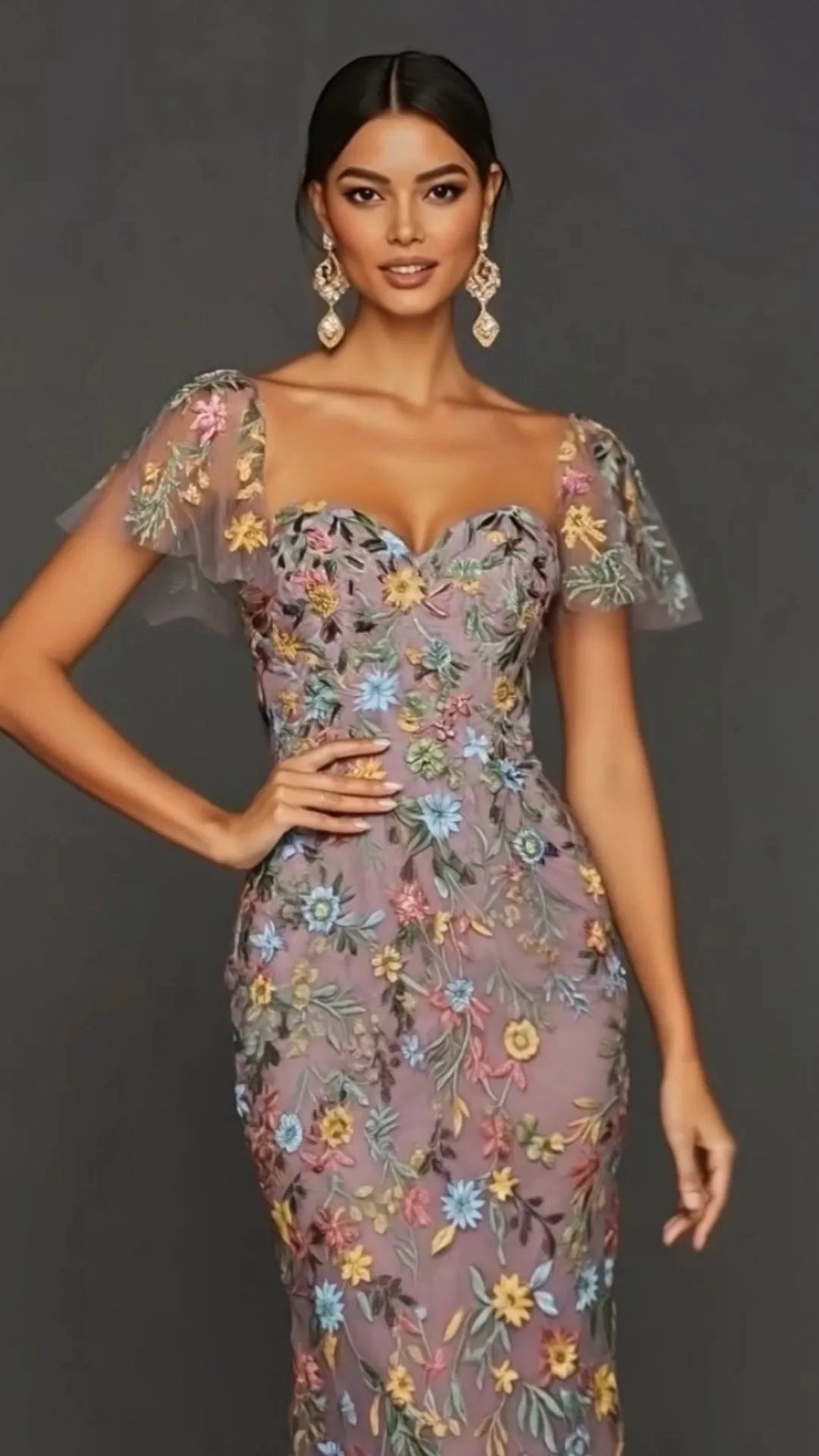 Elegant Floral Embroidered Sheath Sweetheart Flutter Sleeve Midi Wedding Guest Dress